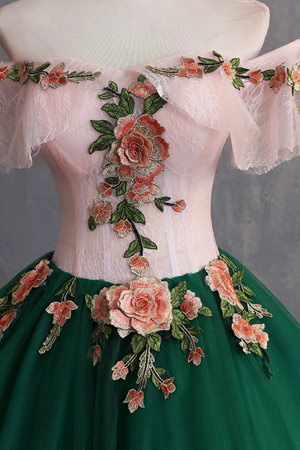 Wholesale Green Tulle Lace Long Prom Dress Cute Off Shoulder Evening Dress Party Dress